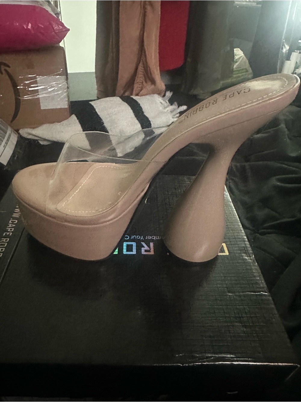 Cape Robbin Blush Nude Platform Mule with Clear Strap
